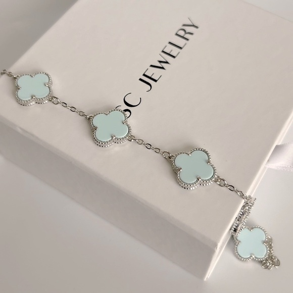 Sky Blue Clover Bracelet Double Sided Silver Color Chain Platinum Plated - Picture 4 of 9